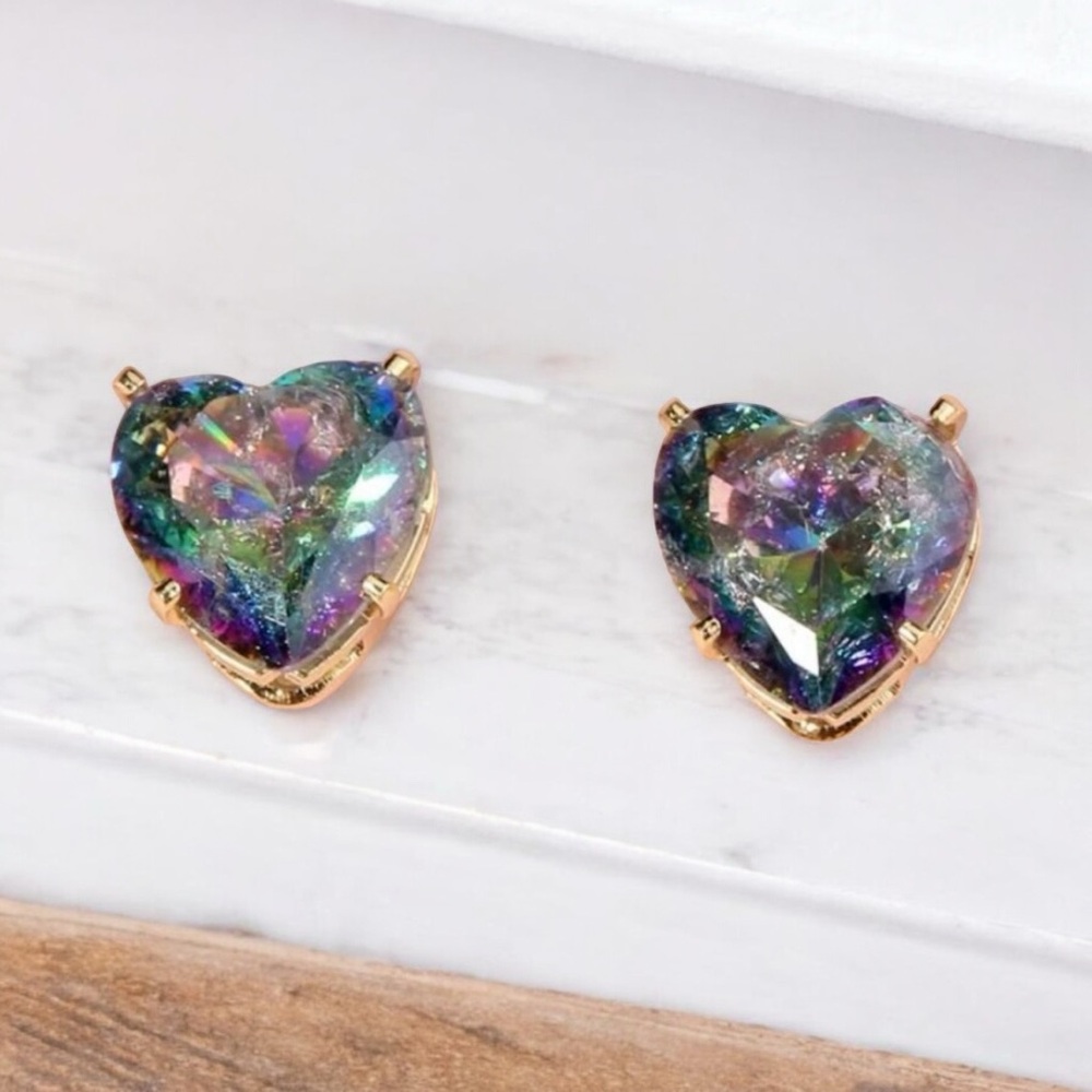 Aurora Borealis heart gold stud earrings. New.